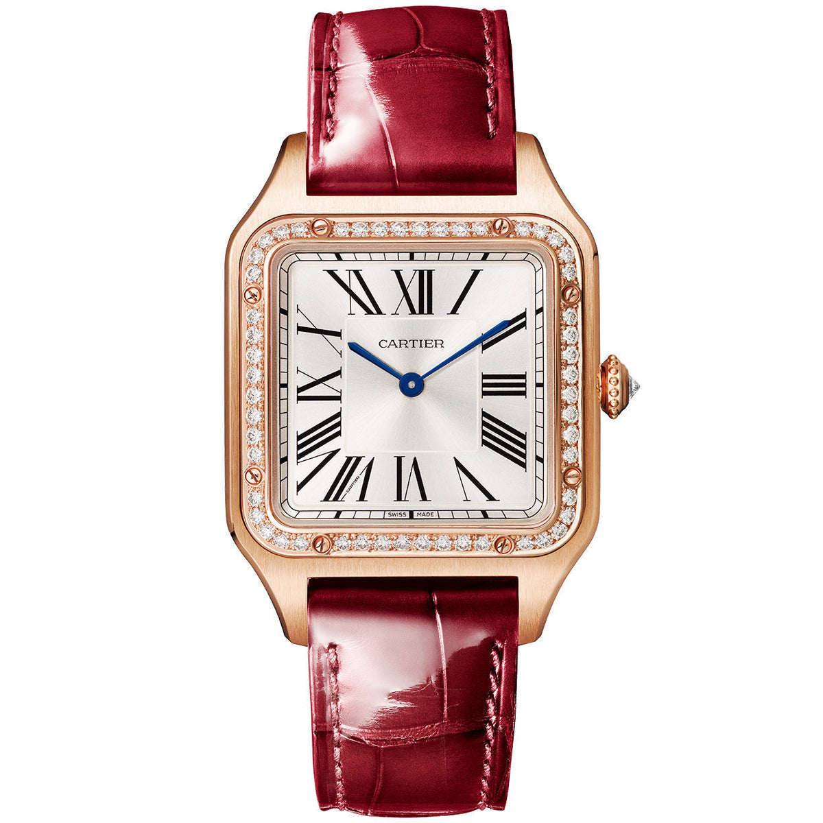 Santos-Dumont Large 18ct Rose Gold Silver Dial Diamond Bezel Watch